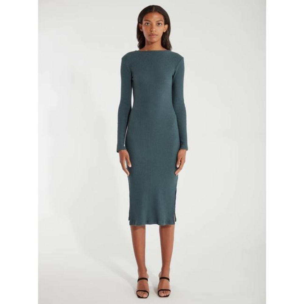 Billie the Label Hunter Greening Sleeve Side Slit Wilma Rib Knit Midi Dress EUC